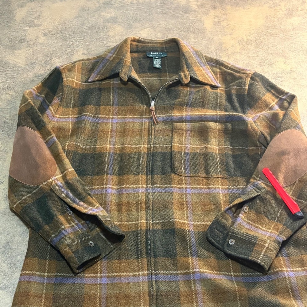 Lauren Ralph Lauren Zip‎ Jacket Womens 1X Brown Plaid Lambswool Suede Elbow